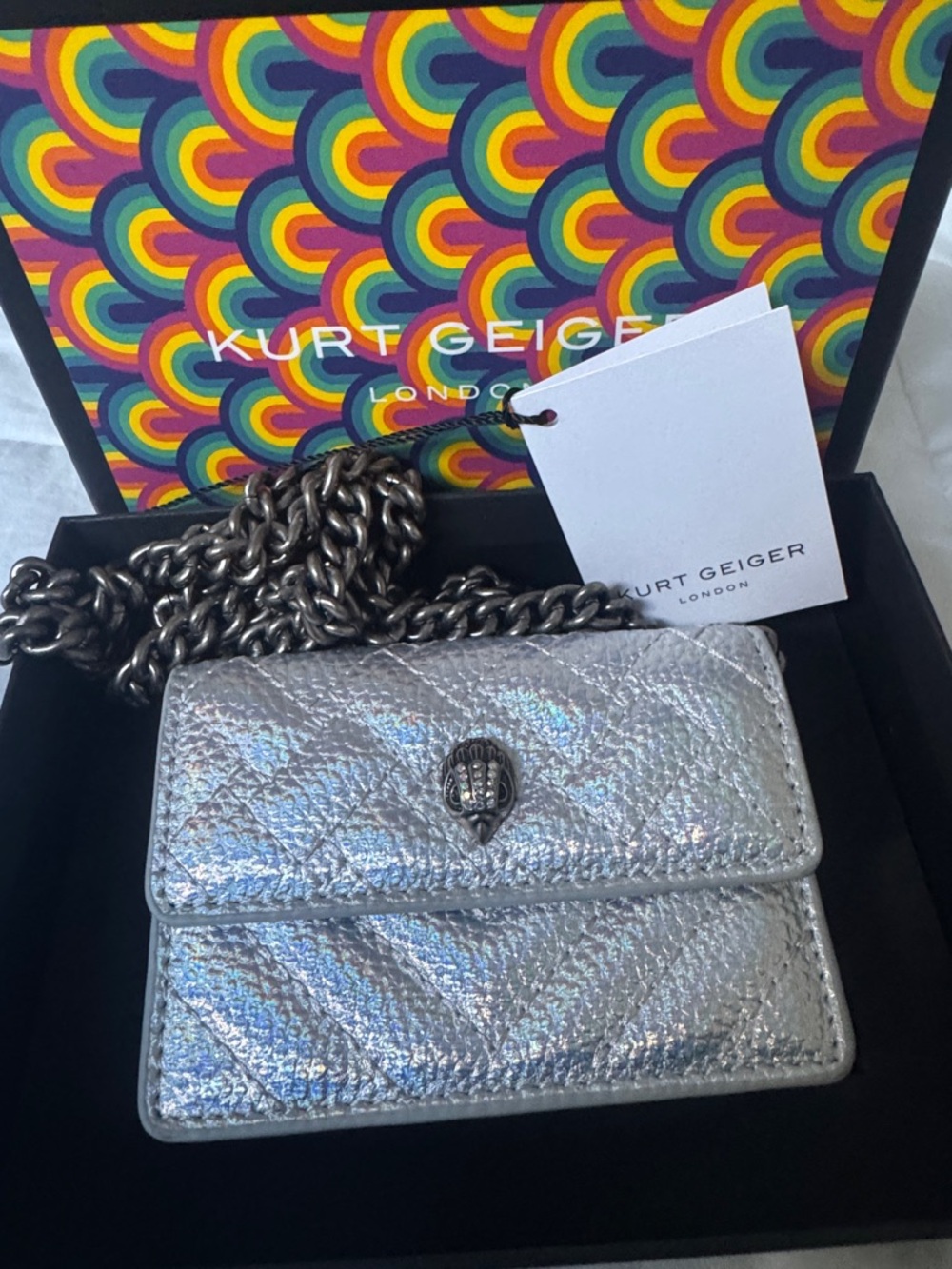 Kurt Geiger NWT Silver Metallic Quilted Mini Chain Crossbody